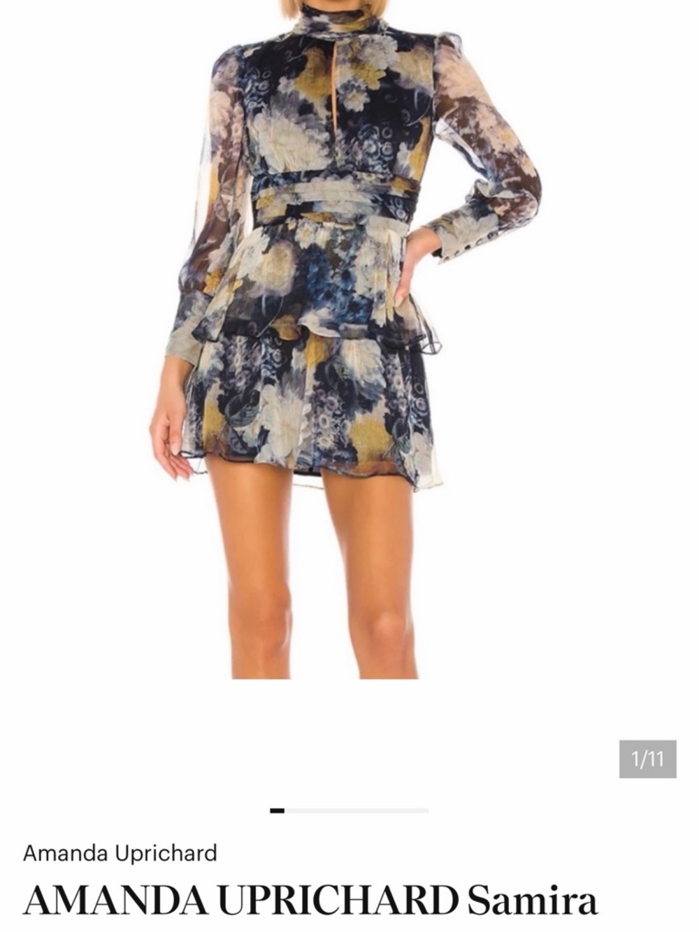 Amanda Uprichard Floral High-Neck Tiered Mini Dress - Navy, Mustard & Cream